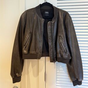 Zara Women's Dark Brown cropped Bomber Jacket